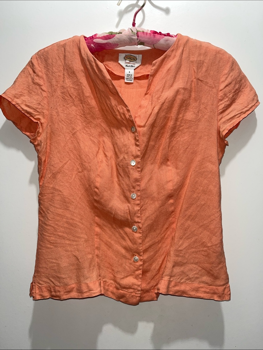 Talbots Irish linen Coral-Orange Short Sleeve Button-Front Shirt